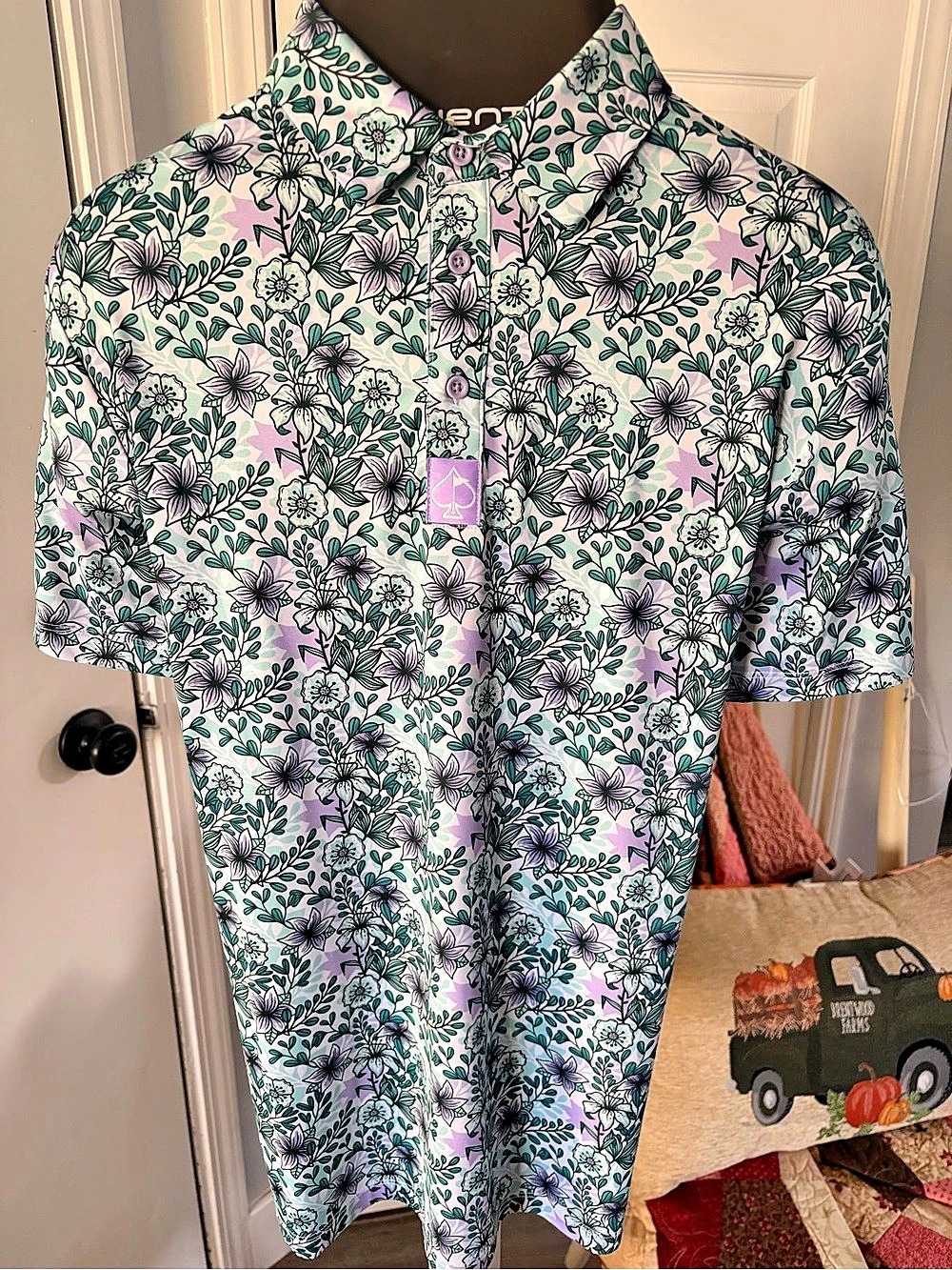 PINS & ACES Lavender Flower Power Golf Polo Green & Purple Medium